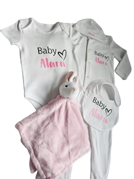 Personalised Full Set Baby Sleepsuit/Vest/Hat/Bib/Comforter- Baby Boy/Girl Gift